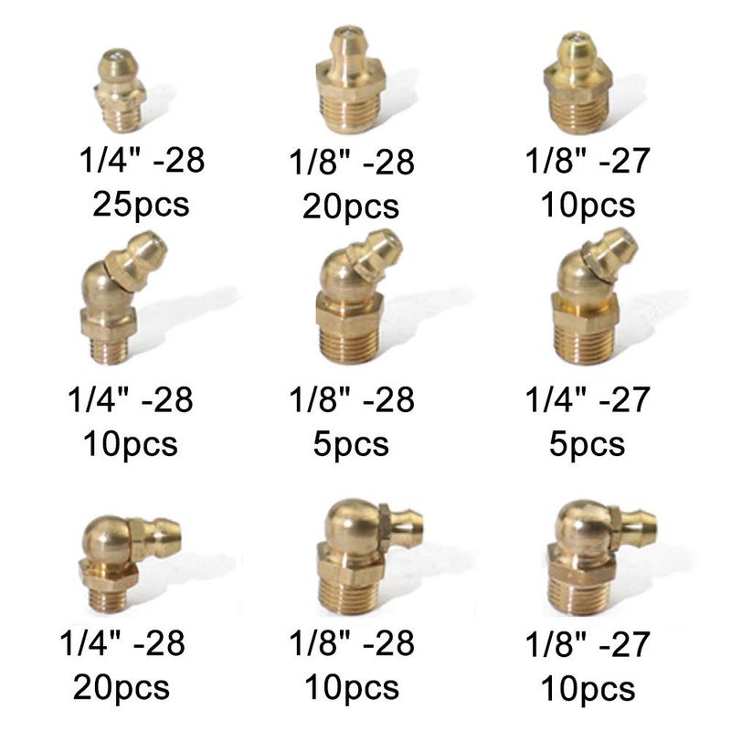 Boeray 115pcs 1/4â€œ 1/8â€ Hydraulic Grease Brass Zerk Fitting SAE Standard Assortment Kit-Straight, 90-Degree, 45-Degree Angled Zerk Assortment Set - Image 2